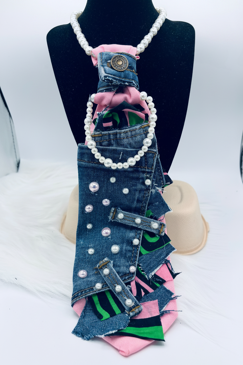Pink and Green Upcycled Denim Junktie