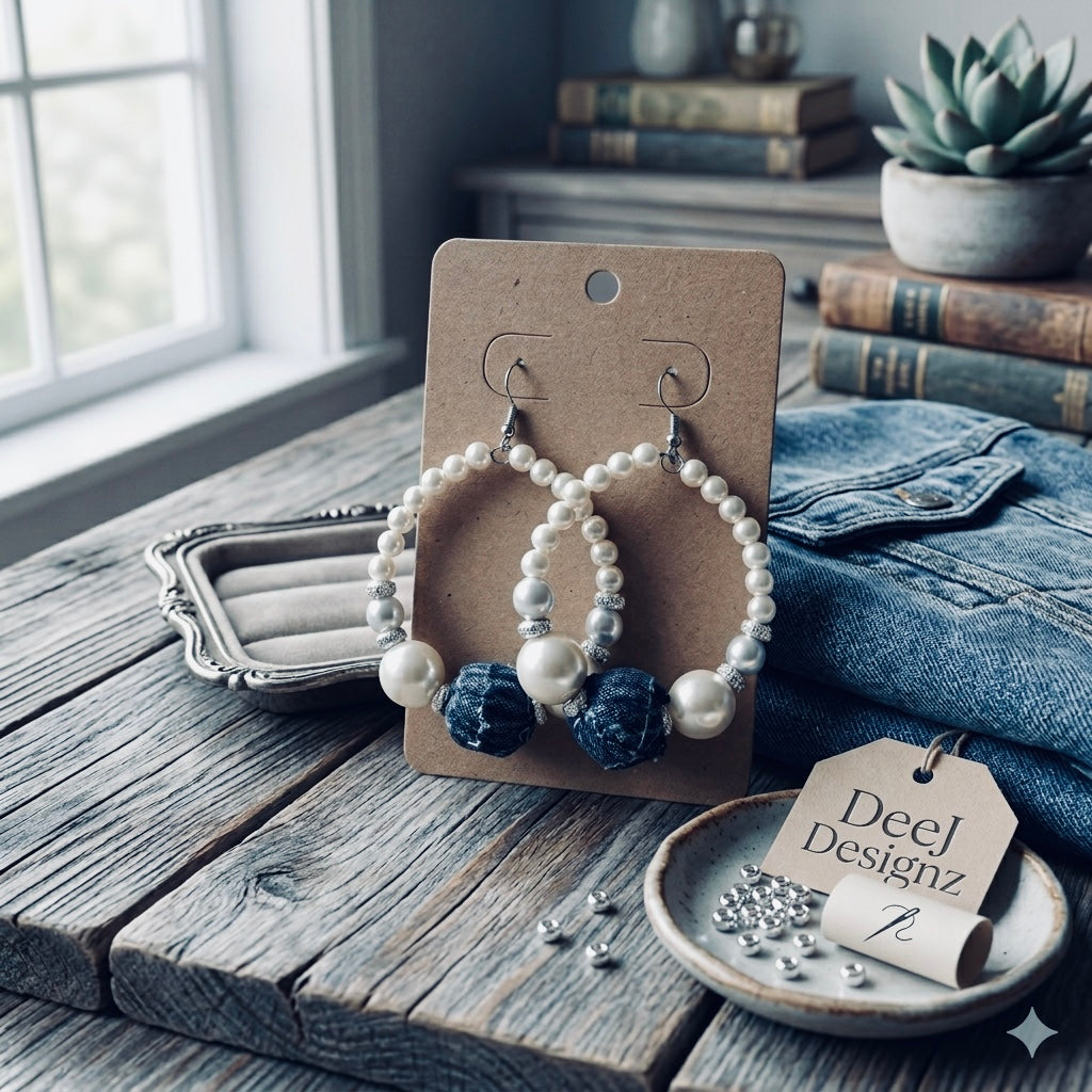 Upcycled Denim and Pearl Hoop Earrings
