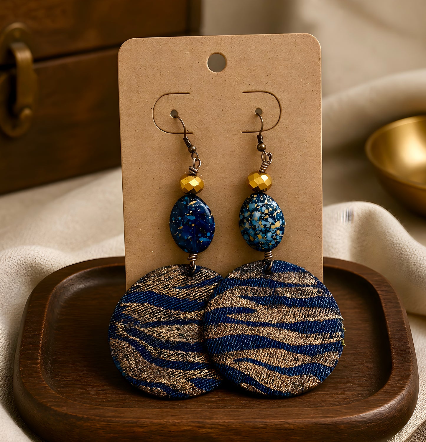 **Handcrafted Leather and Denim Drop Earrings
