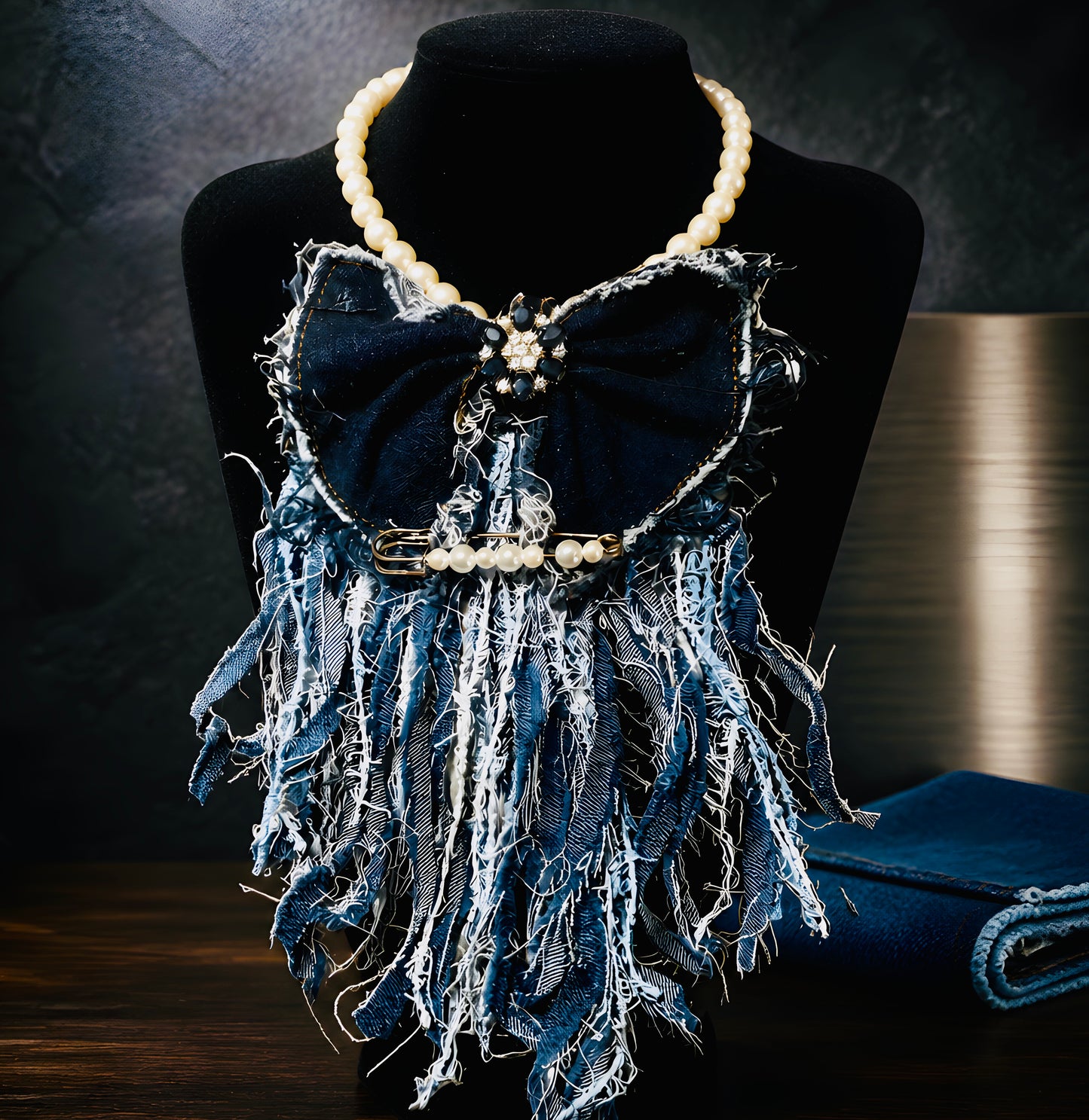 Upcycled Distressed Denim Bow With Fringe