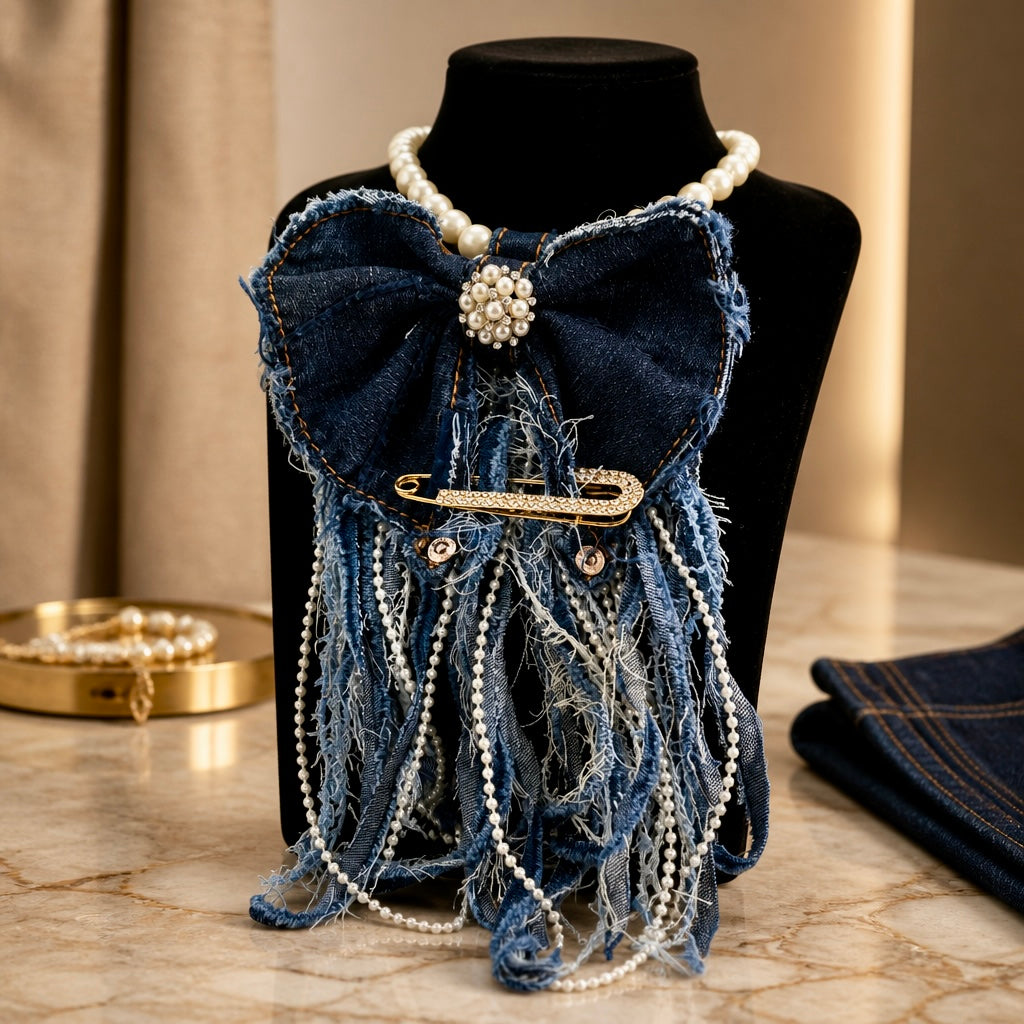 Upcycled Distressed Denim Bow With Fringe & Pearls