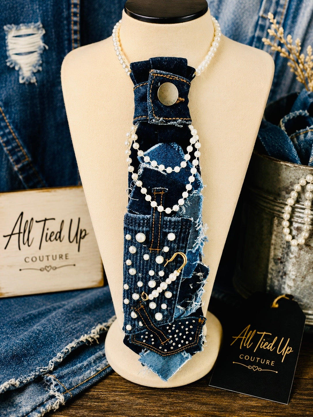 Handcrafted Denim, Pearls and Rhinestones Junktie