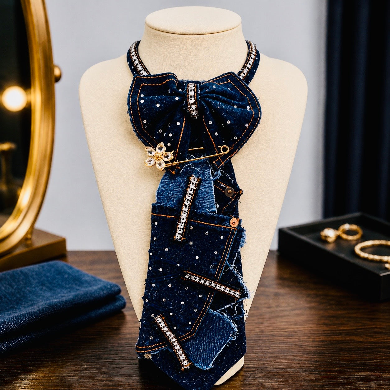 Handcrafted Upcycled Denim Bow Junktie