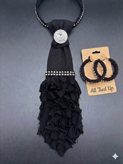 Handcrafted Upcycled Black Denim Junkie Tie with Coordinating Earrings