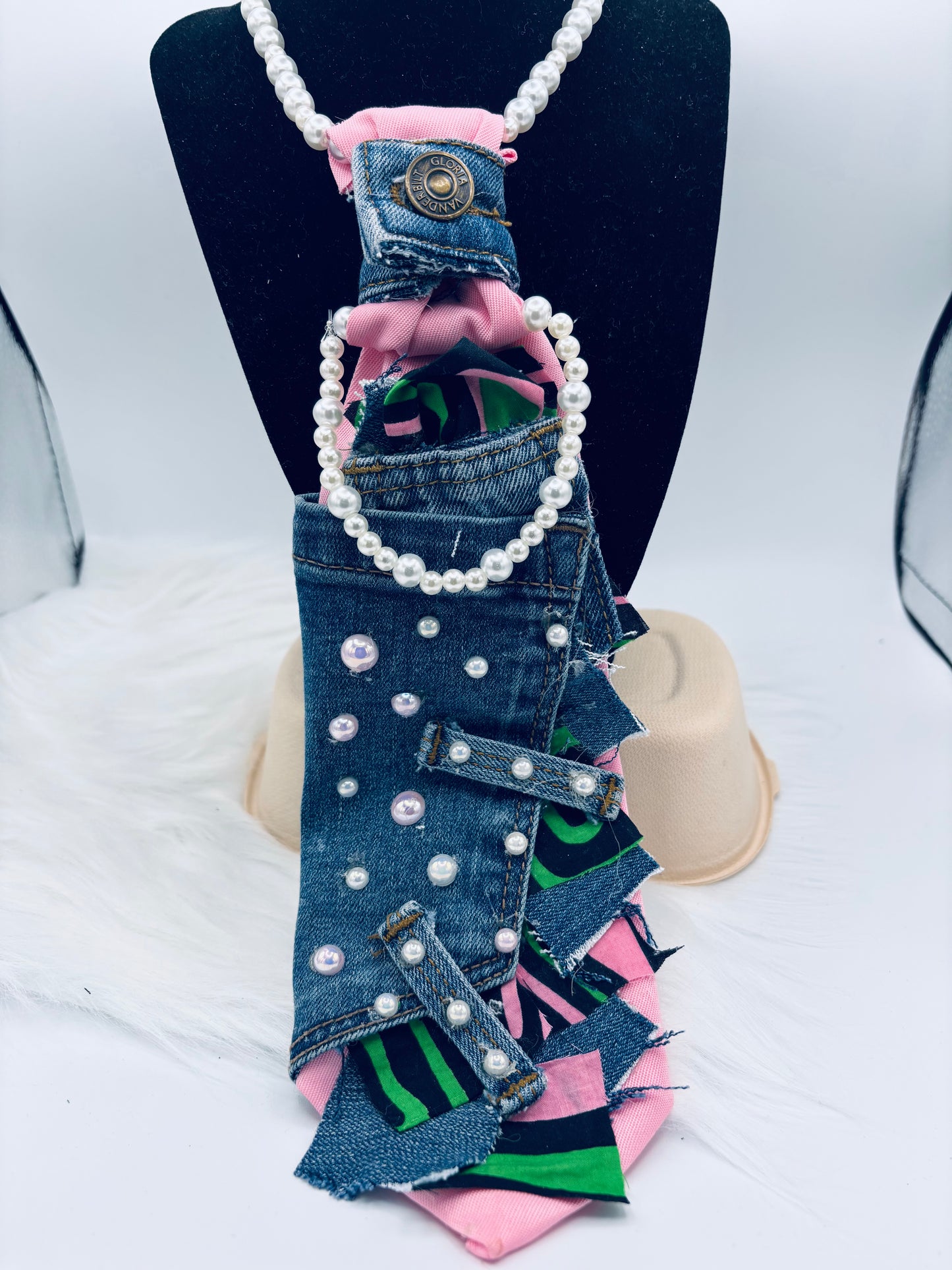 Pink and Green Upcycled Denim Junktie