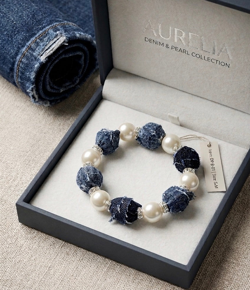 Upcycled Denim And Pearls Bracelet