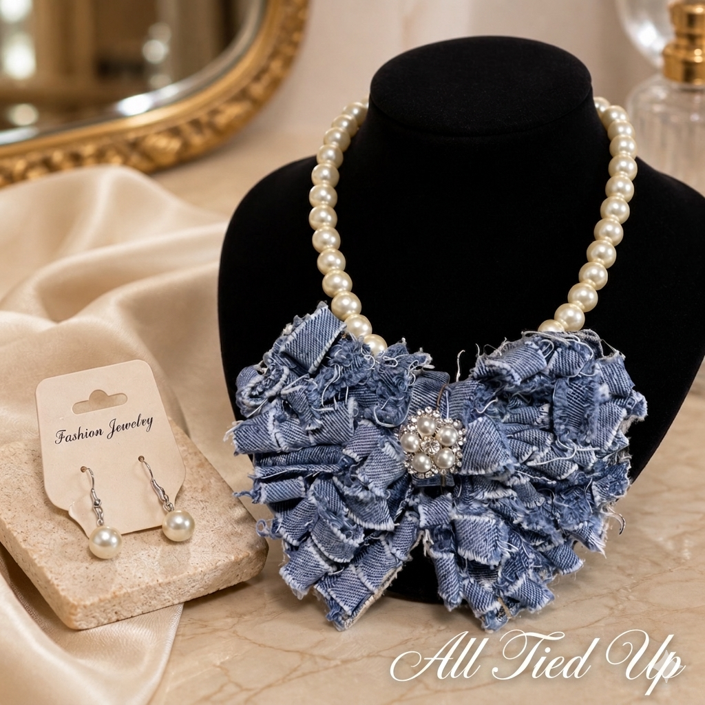 Upcycled Denim Shaggy Chic Bow Tie and Earrings