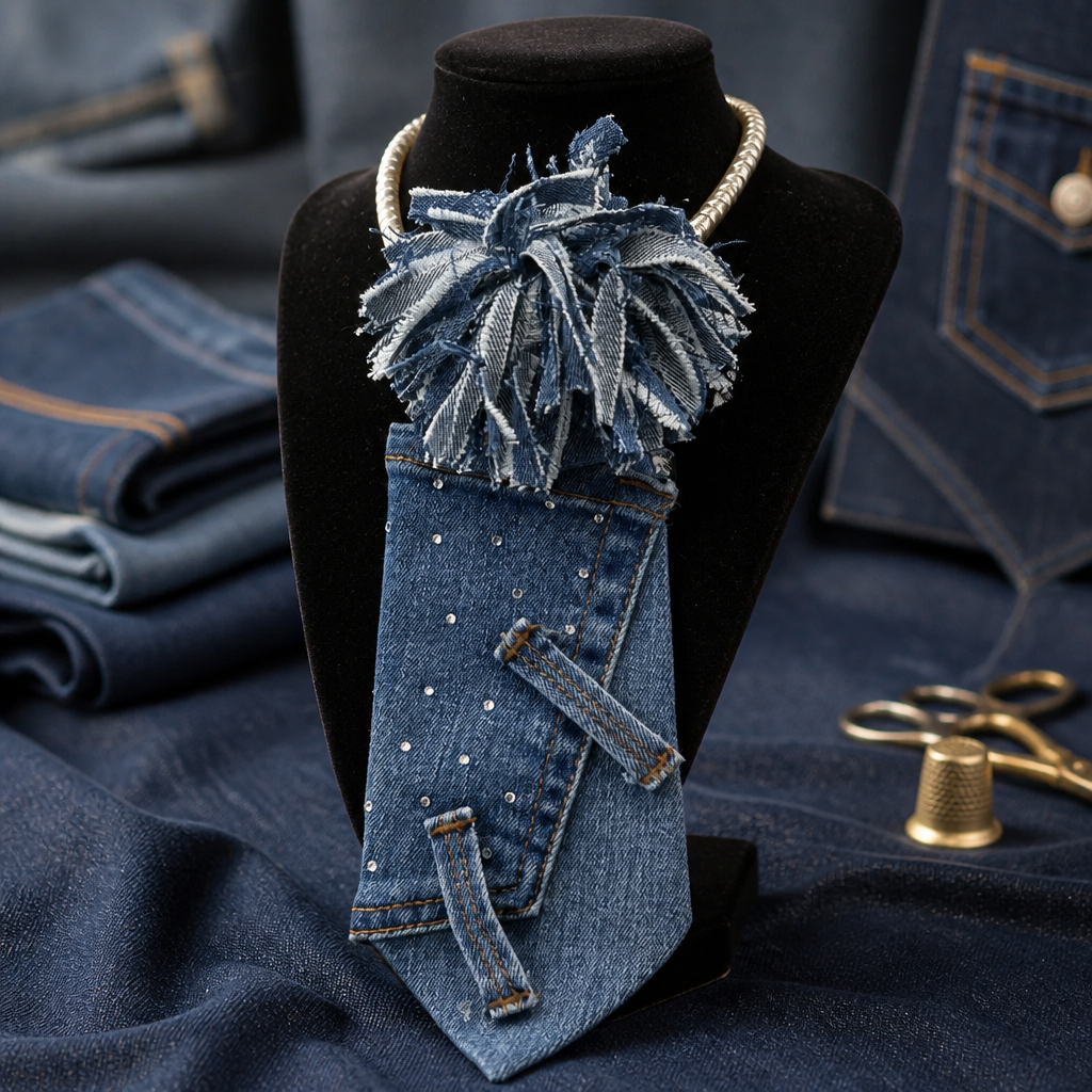 Upcycled Denim Pompom Junktie