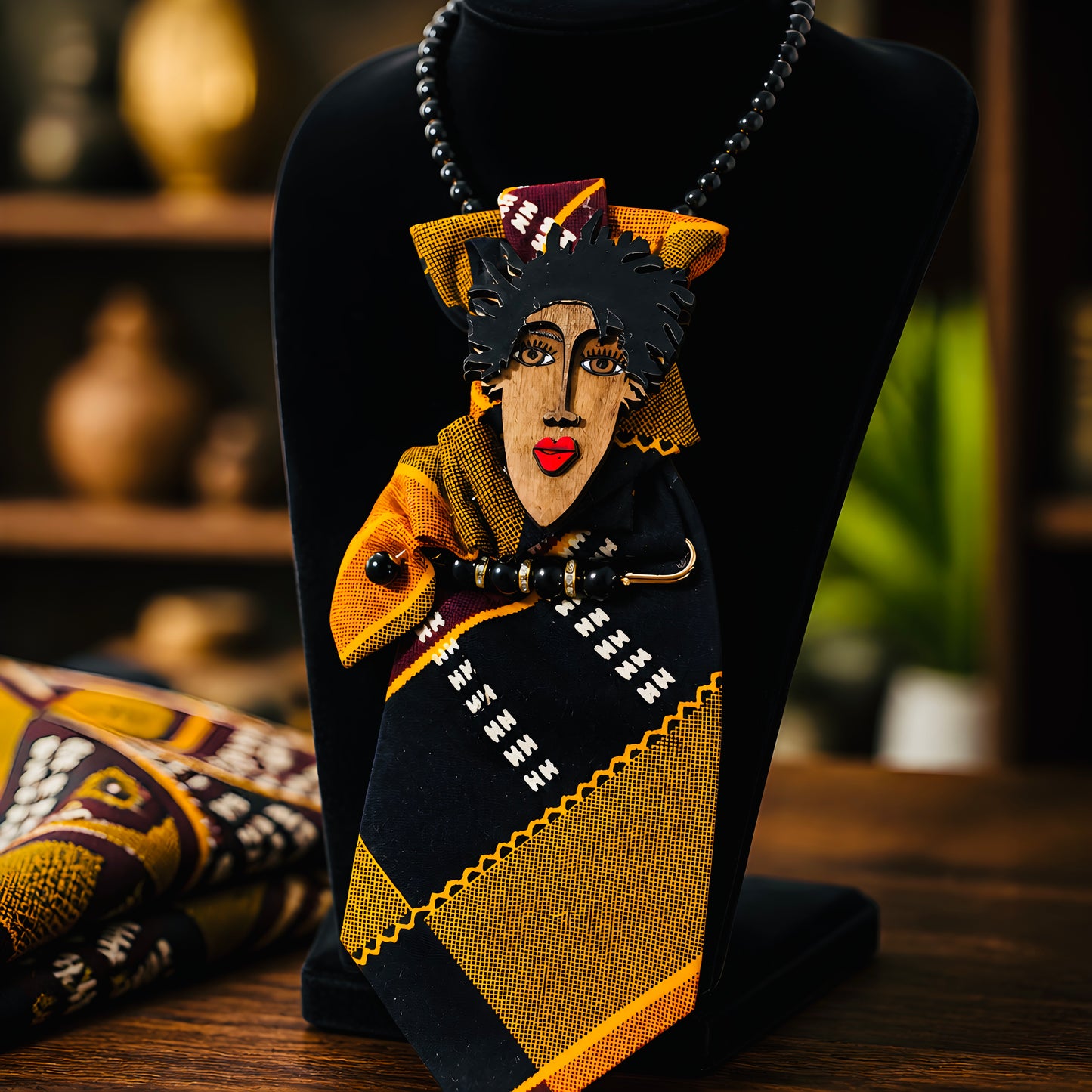Upcycled Ethnic Print Junktie with Lady Brooch
